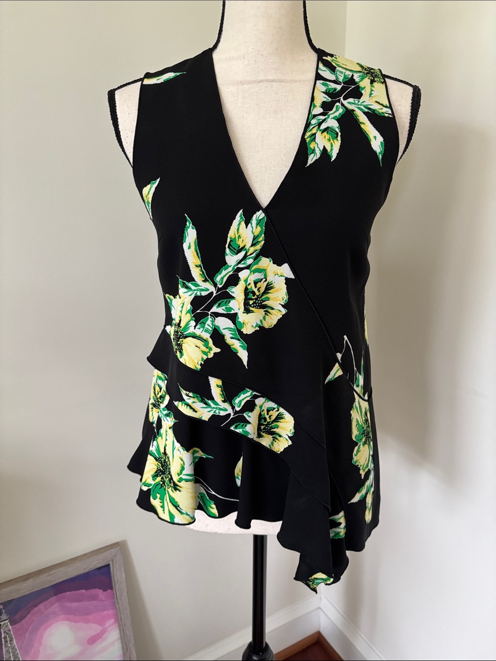 Proenza Schouler Black Floral Sleeveless V-Neck Ruffle Top Size 2